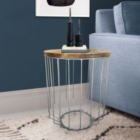 25 Inch Mango Wood Round Side End Accent Table, Tapered Slatted Cage Design, Handcrafted, Natural, Chrome