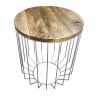 25 Inch Mango Wood Round Side End Accent Table, Tapered Slatted Cage Design, Handcrafted, Natural, Chrome