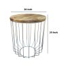 25 Inch Mango Wood Round Side End Accent Table, Tapered Slatted Cage Design, Handcrafted, Natural, Chrome