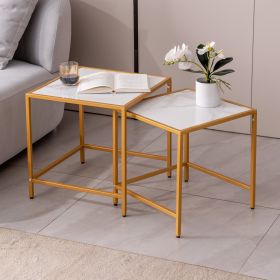 Nesting End/Side Table,Night Stand 2-Piece Set,Square Sintered stone Top with Golden Metal Frame (Color: golden, Table Top Material: Sintered stone)