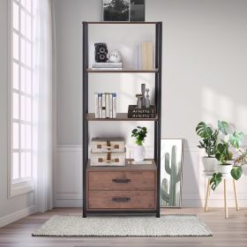 Home Office 4-Tier Bookshelf; Simple Industrial Bookcase Standing Shelf Unit Storage Organizer with 4 Open Storage Shelves and Two Drawers; Brown (Color: Brown)