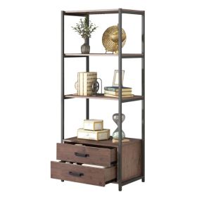 Home Office 4-Tier Bookshelf; Simple Industrial Bookcase Standing Shelf Unit Storage Organizer with 4 Open Storage Shelves and Two Drawers; Brown (Color: as picture)