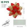 12pcs Christmas Glitter Artificial Poinsettia Flowers Christmas Tree Flowers Hanging Ornaments Party Decoration With Stems Clips