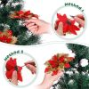 12pcs Christmas Glitter Artificial Poinsettia Flowers Christmas Tree Flowers Hanging Ornaments Party Decoration With Stems Clips